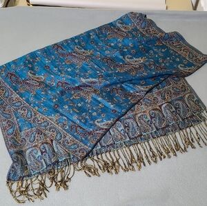 Blue & Gold Paisley Scarf Wrap‎ with Tasseled Ends